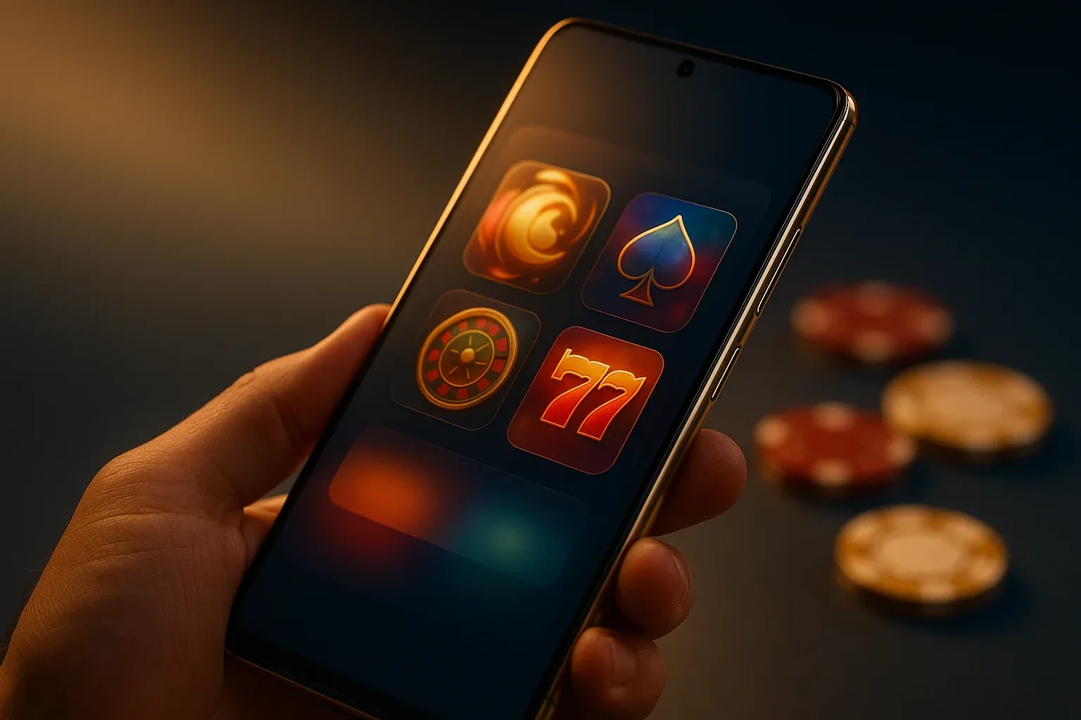 Hyperrealistic Android smartphone showing premium casino app interface with blurred chips