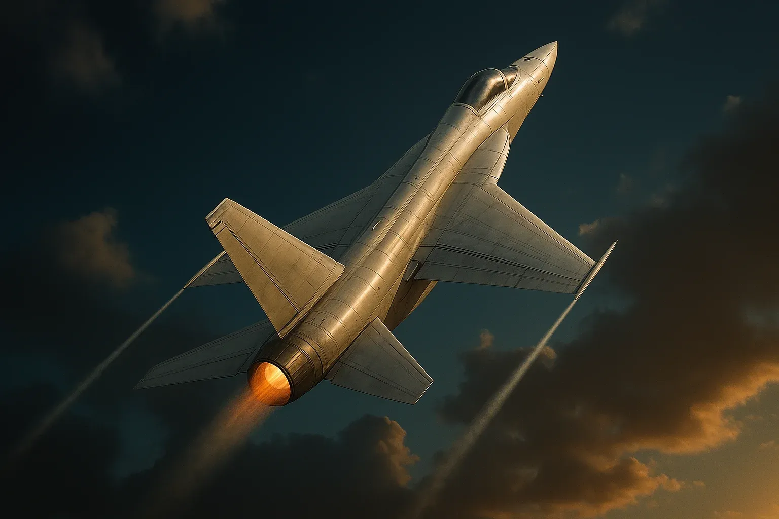 Hyperrealistic white jet climbing steeply in deep blue sky with trails