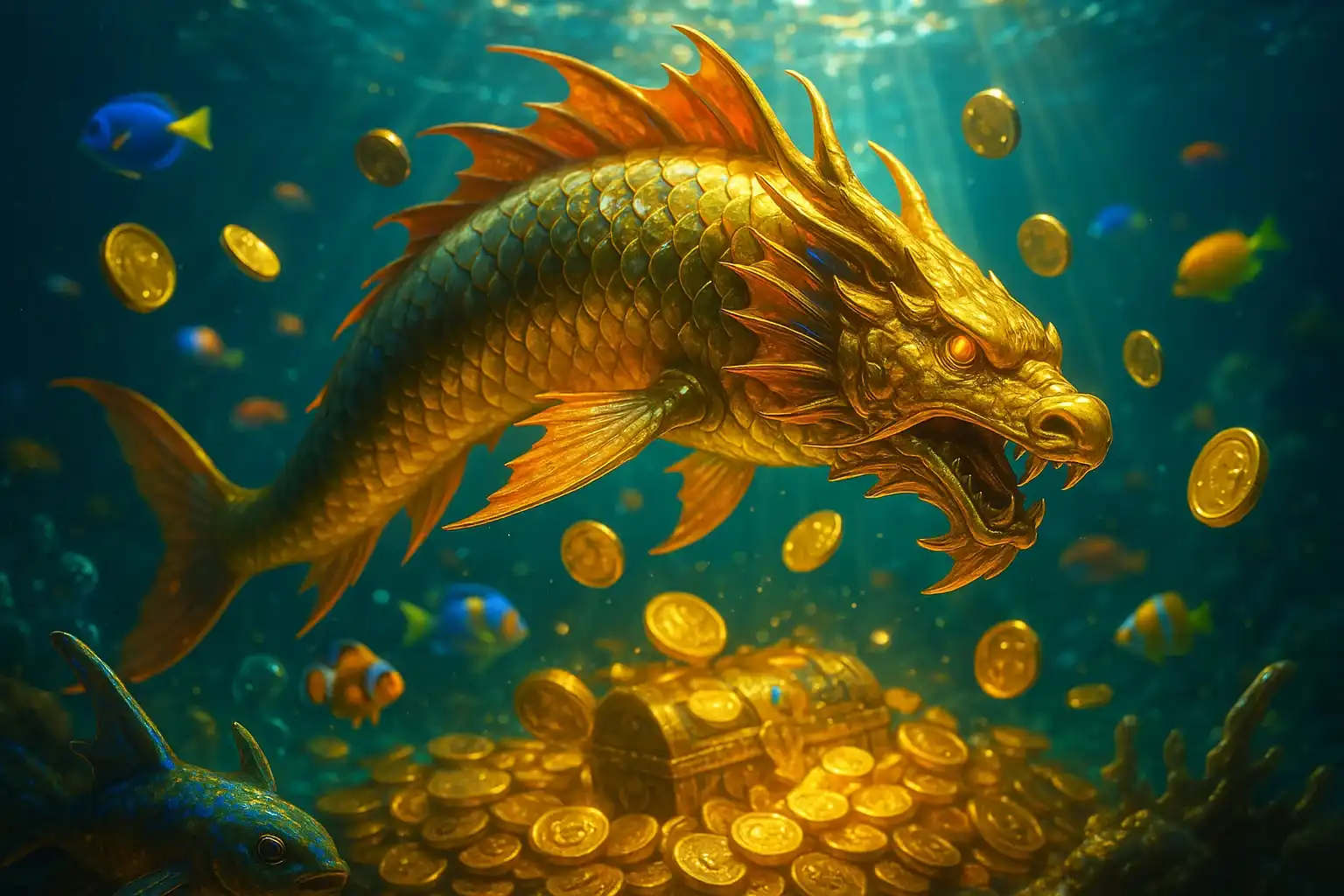 Hyperrealistic underwater golden dragon fish surrounded by glowing coins and treasure
