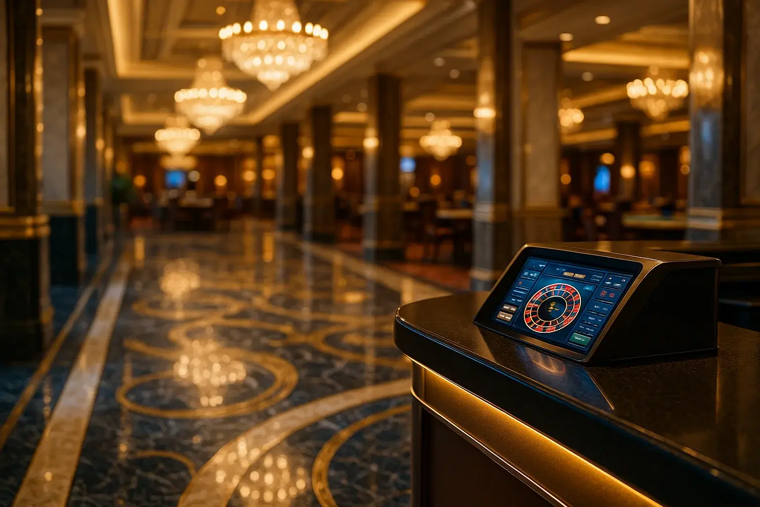 Hyperrealistic wide shot of luxurious Manila casino lobby with marble and chandeliers