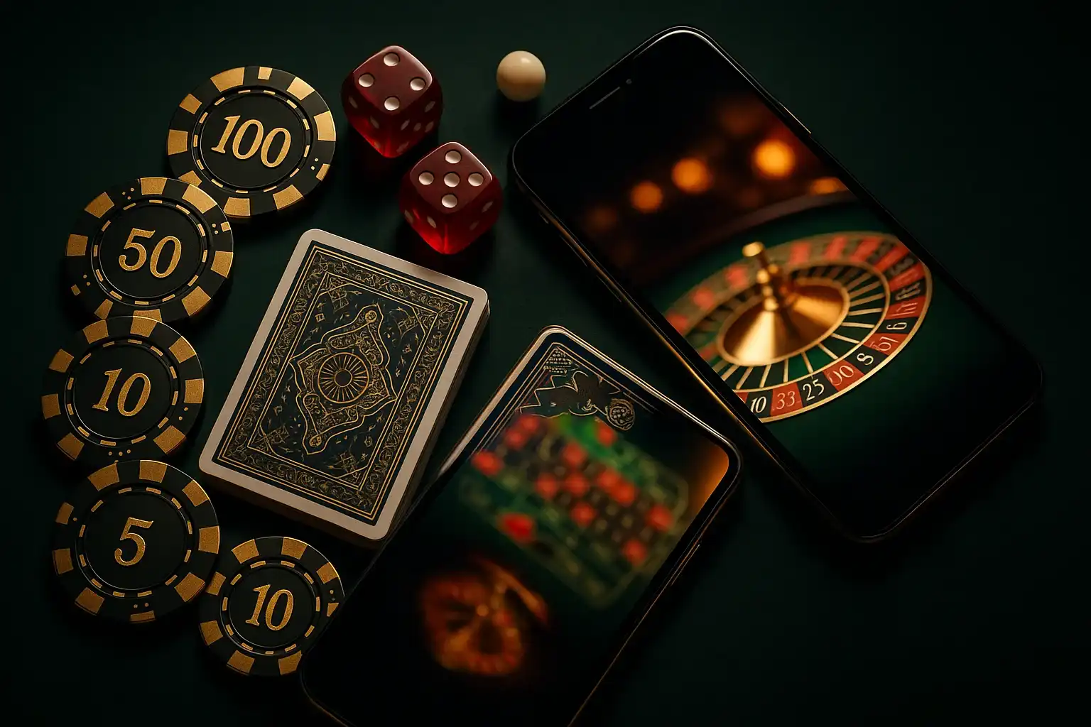 Top-down premium casino table with gold chips, cards, dice, roulette ball, smartphone