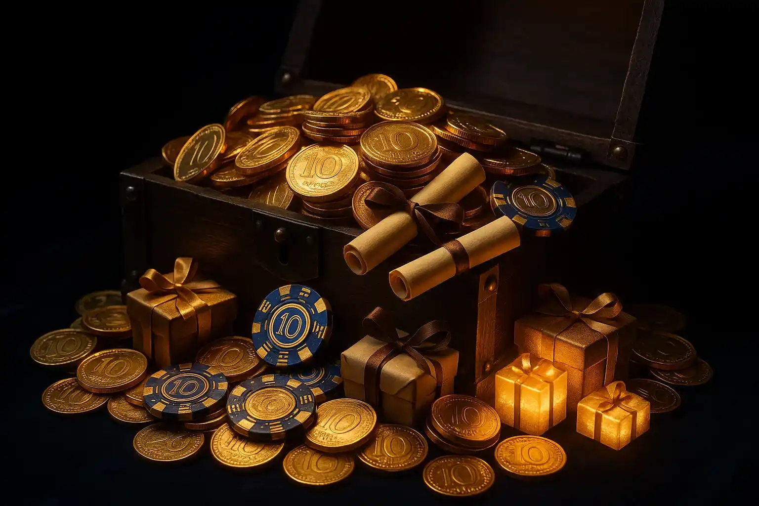 Overflowing treasure chest with gold coins, casino chips, vouchers, and gift boxes