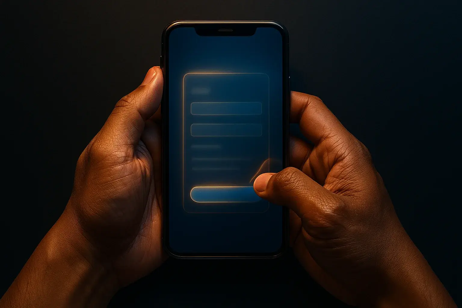 Filipino man hands holding smartphone with blurred registration form, blue gold glow