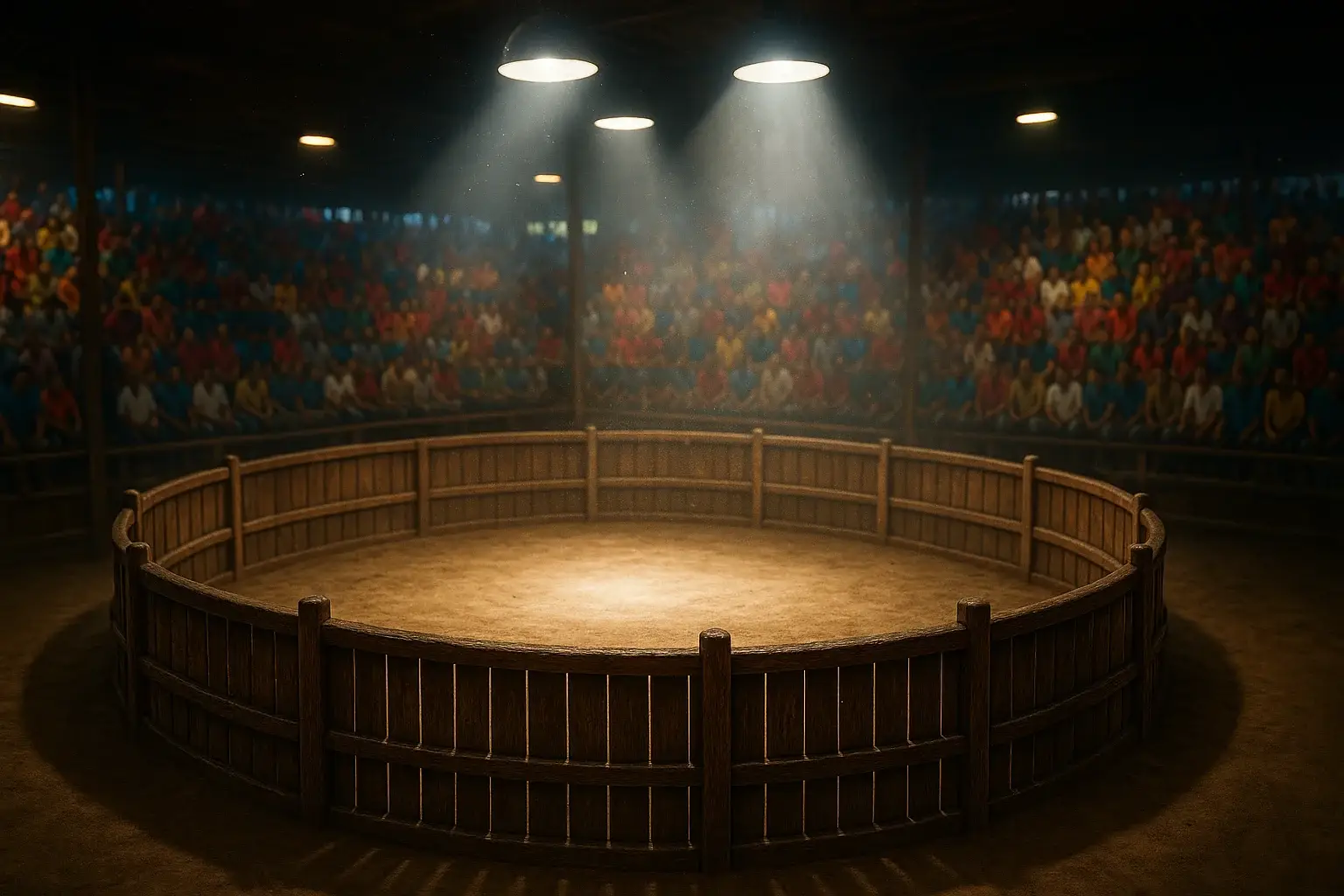 Hyperrealistic wide shot of traditional Philippine sabong arena interior with spotlighted sand pit