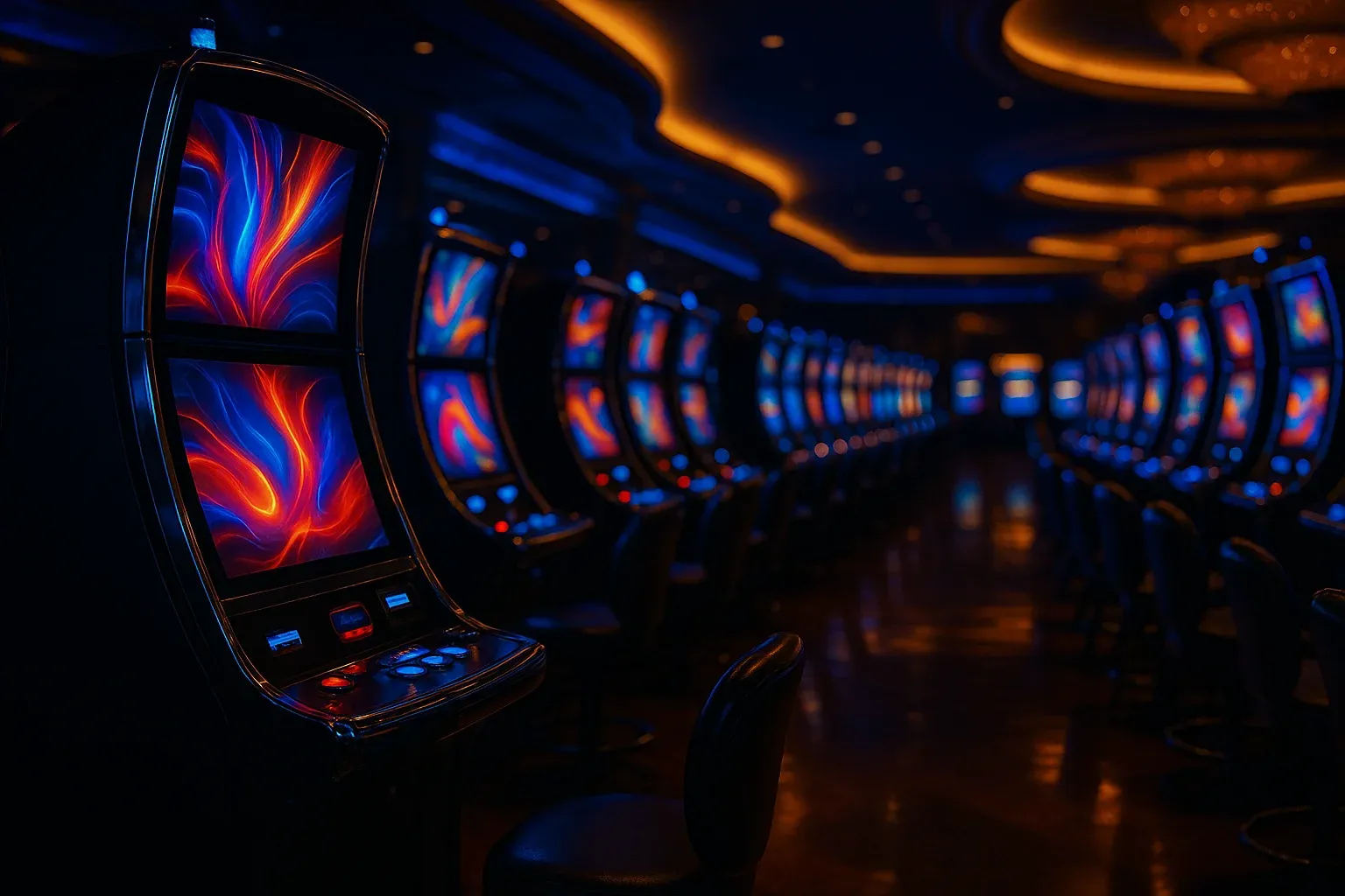 Hyperrealistic wide shot of Philippine casino slots floor at night