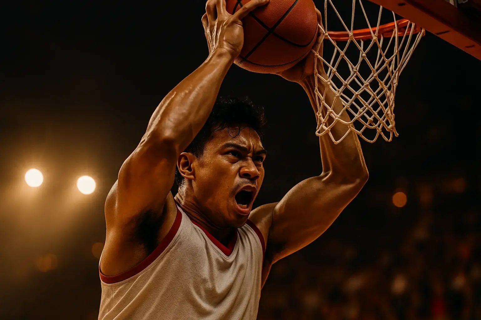 Filipino PBA player mid-air slam dunk under dramatic arena lights